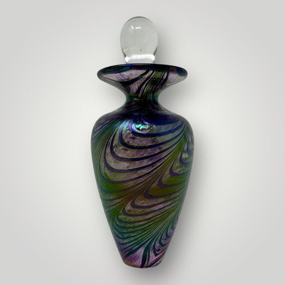 Signed Robert Held Blue Purple Iridescent Art Glass Perfume Bottle‎ 4" Stopper